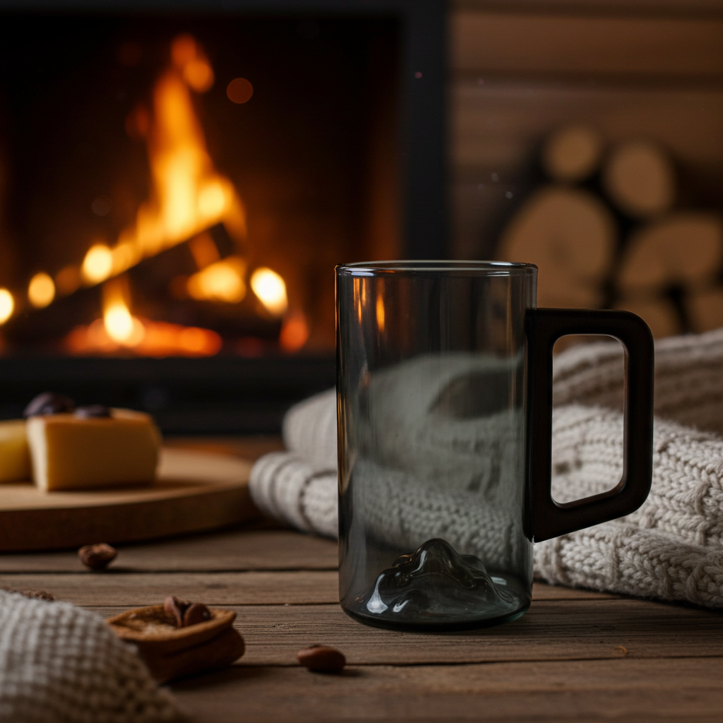 Smokey Gray Glass Coffee Cup with Wooden Handle | Set of 4 Tall Glass Cups | 350ml Mountain Style