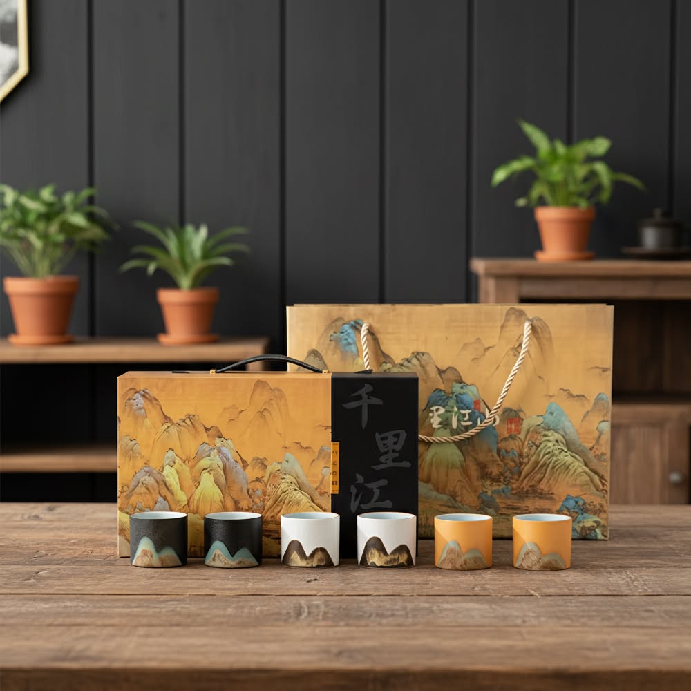 Rustic Espresso Cup Set | 6 Piece Earthy Tone Ceramic Espresso Cups | Gift Box with Leather Handle