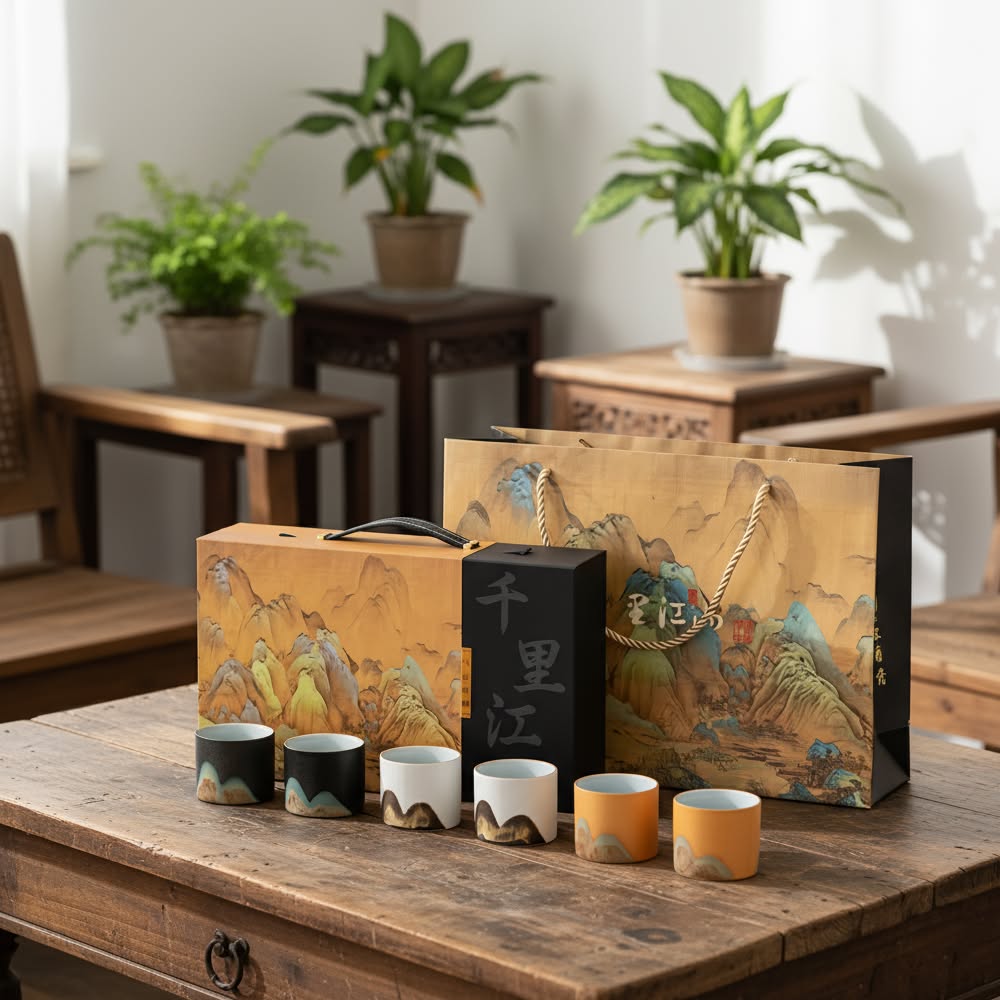 Rustic Espresso Cup Set | 6 Piece Earthy Tone Ceramic Espresso Cups | Gift Box with Leather Handle