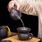 Japanese Tea Set | 10 Piece Black Ceramic Teapot and Cup Set | Bamboo Tray and Travel Bag Included