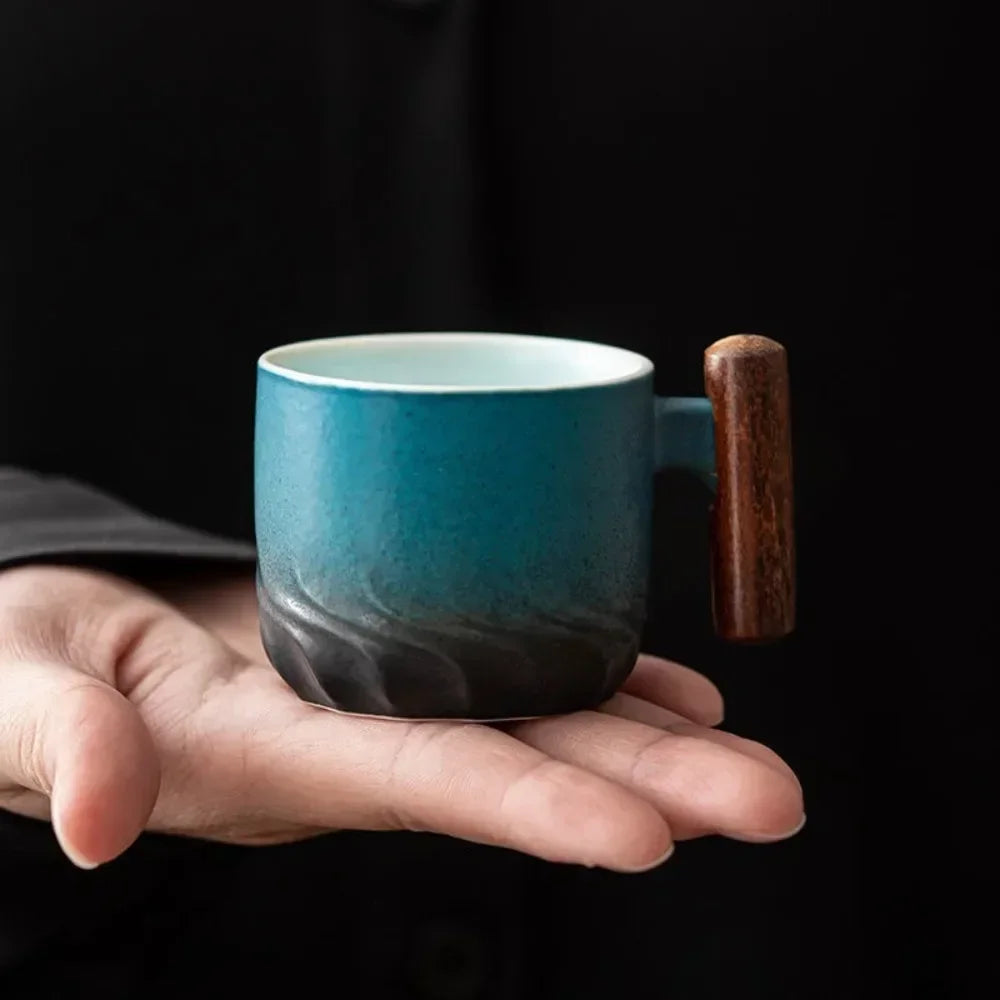 Espresso Cups with Wooden Handle | Set of 3 Vintage Ceramic Espresso Cups | Black, Green and Blue Gift Set