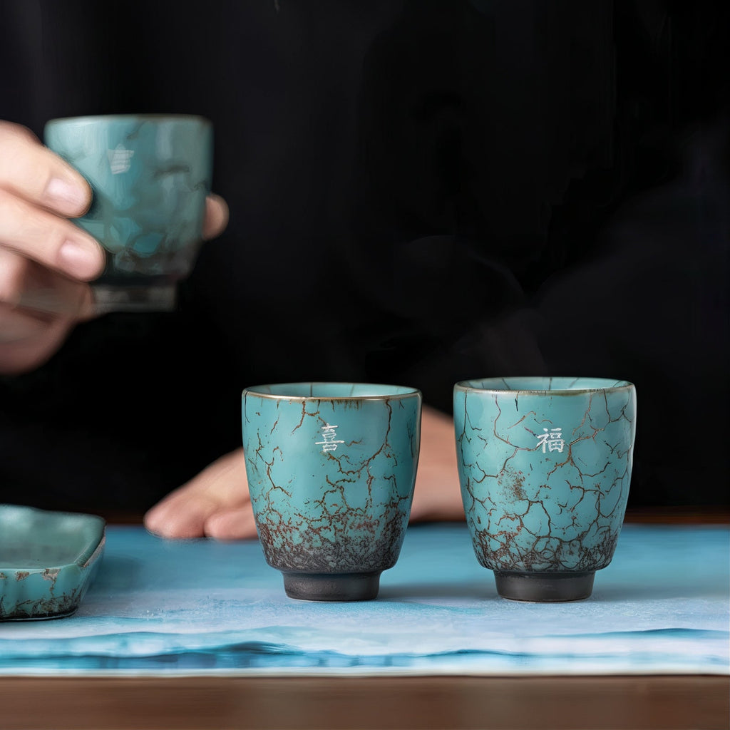 Blue Espresso Cup Set | 3 Piece Rustic Ceramic Cortado Cups | Gift Box and Gift Bag Included