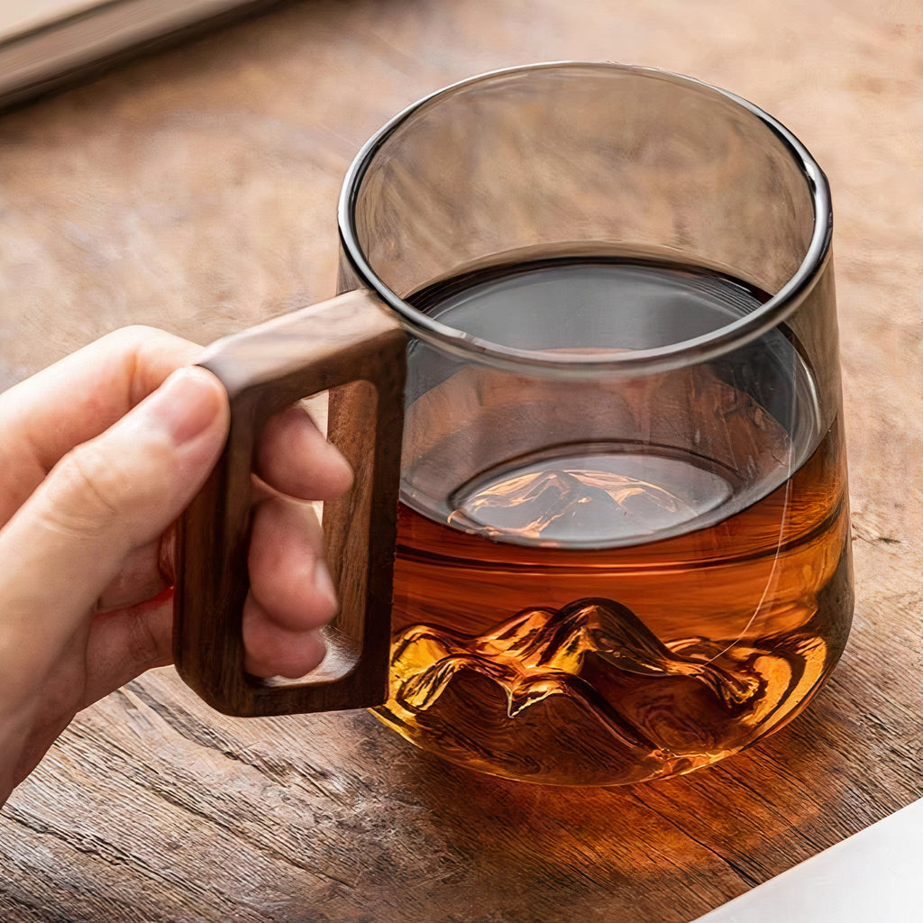 Smokey Grey Glass Slanted Coffee Cups with Wooden Handle – 450ml