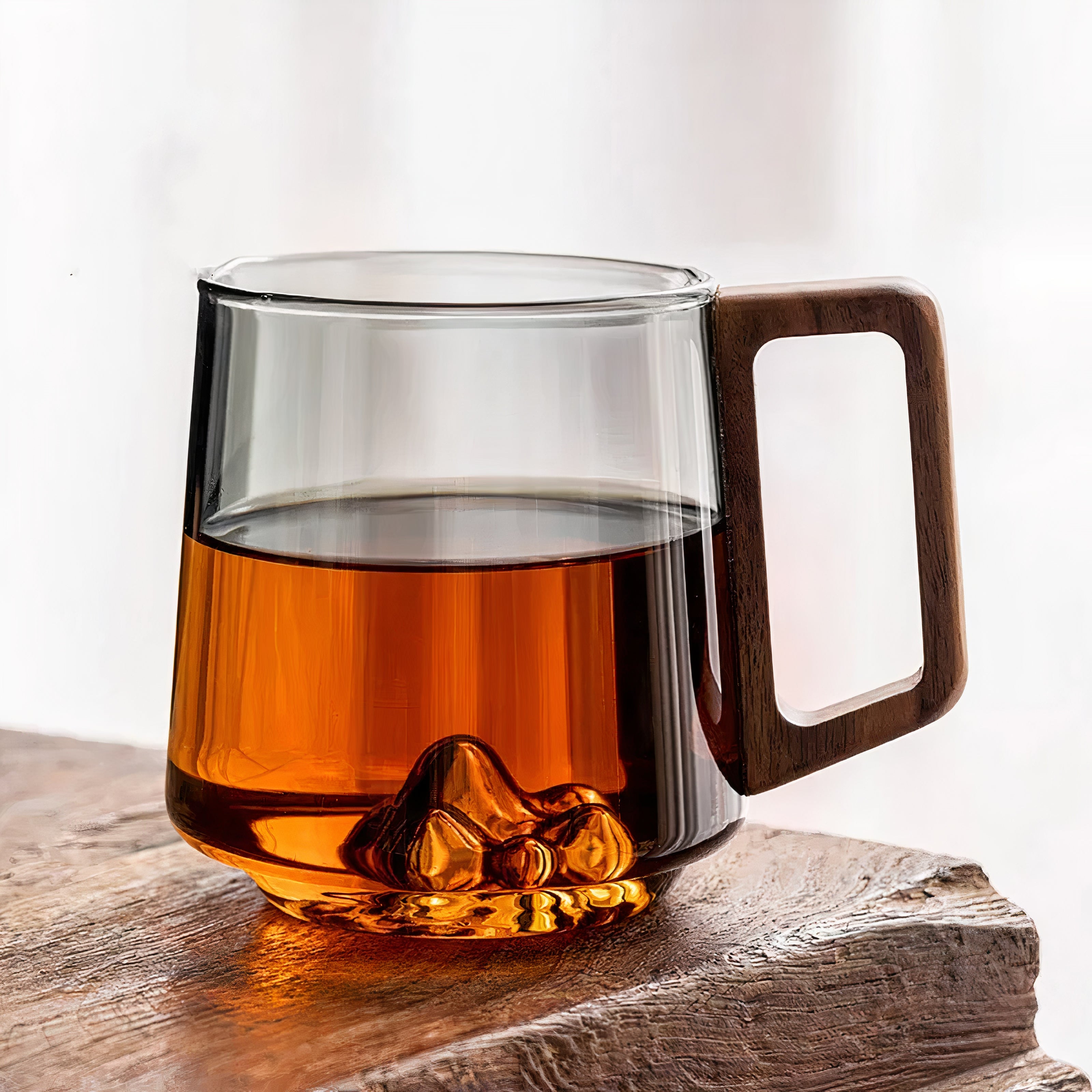 Smokey Grey Glass Slanted Coffee Cups with Wooden Handle – 450ml