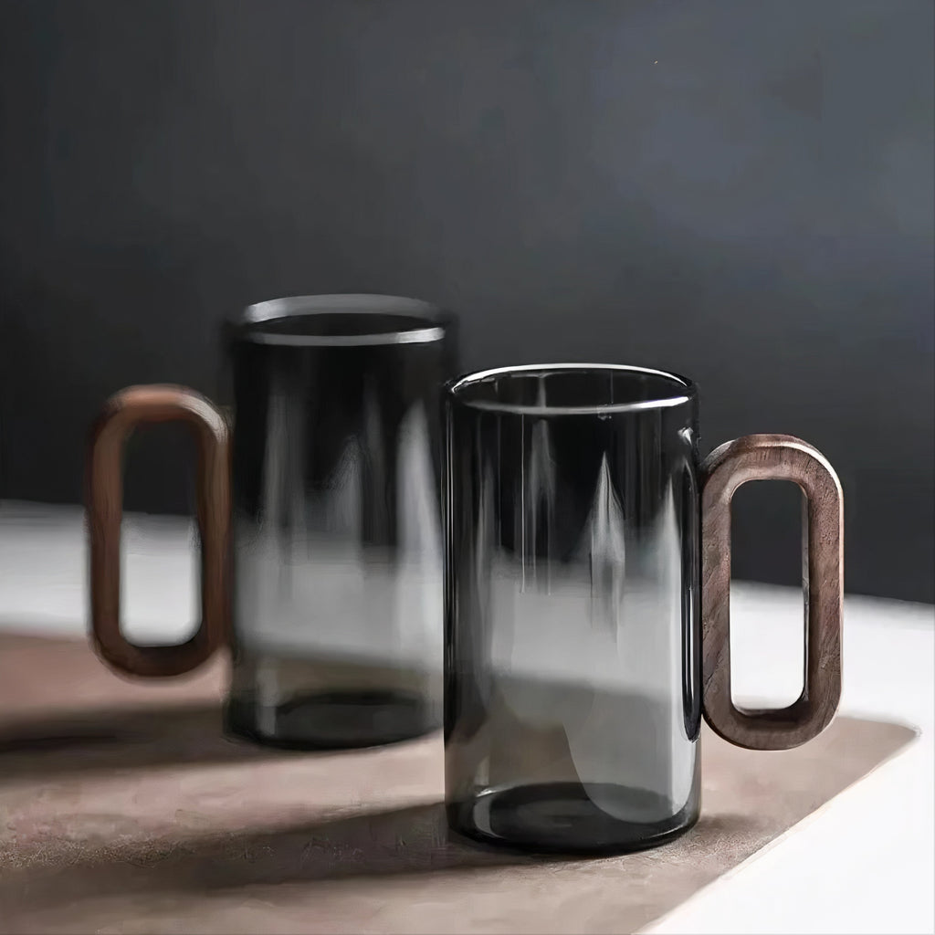 Smokey Grey Glass Slim Coffee Cups with Wooden Handle