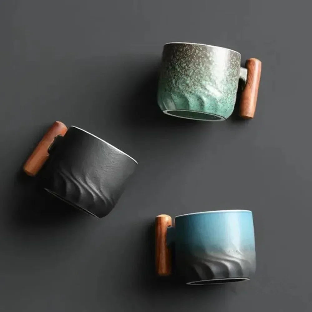 Espresso Cups with Wooden Handle | Set of 3 Vintage Ceramic Espresso Cups | Black, Green and Blue Gift Set