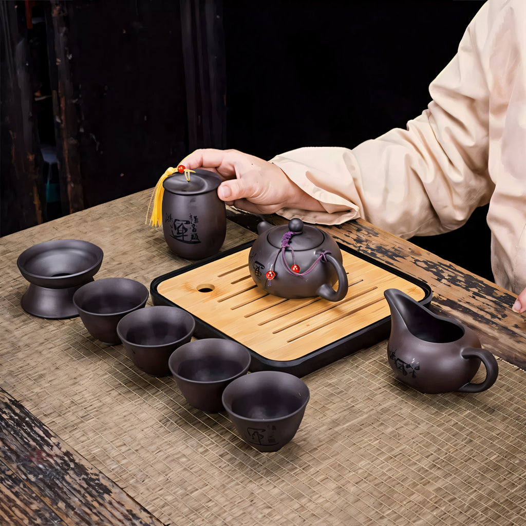 Japanese Tea Set | 10 Piece Black Ceramic Teapot and Cup Set | Bamboo Tray and Travel Bag Included
