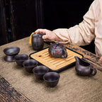 Japanese Tea Set | 10 Piece Black Ceramic Teapot and Cup Set | Bamboo Tray and Travel Bag Included