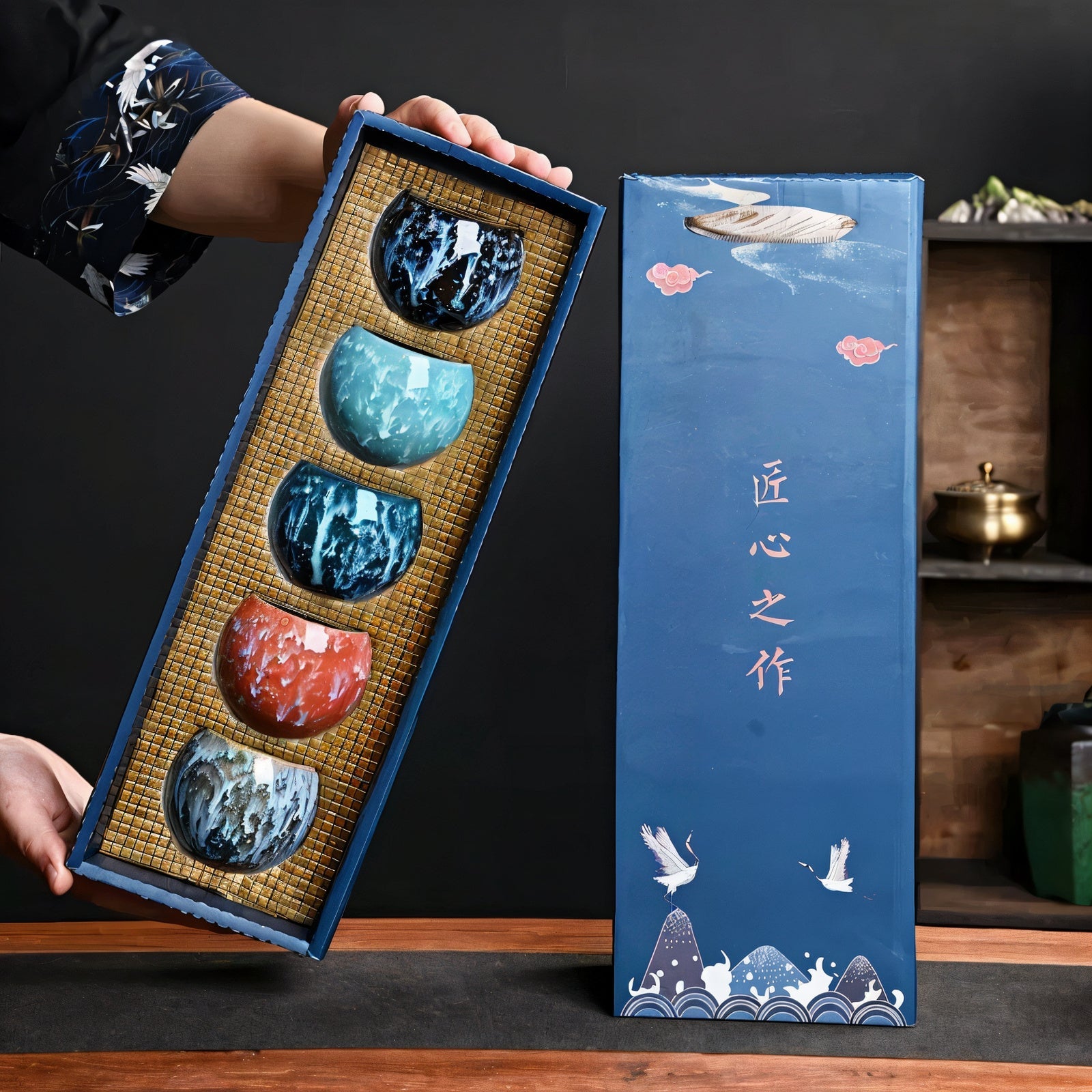 Ceramic Cup Gift Set | 5 Piece Reactive Glaze Espresso and Tea Cups | Premium Gift Box Included