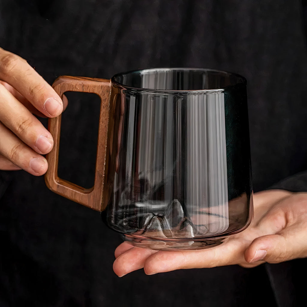 Smokey Grey Glass Slanted Coffee Cups with Wooden Handle – 450ml