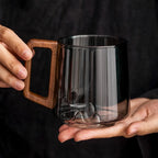 Smokey Grey Glass Slanted Coffee Cups with Wooden Handle – 450ml