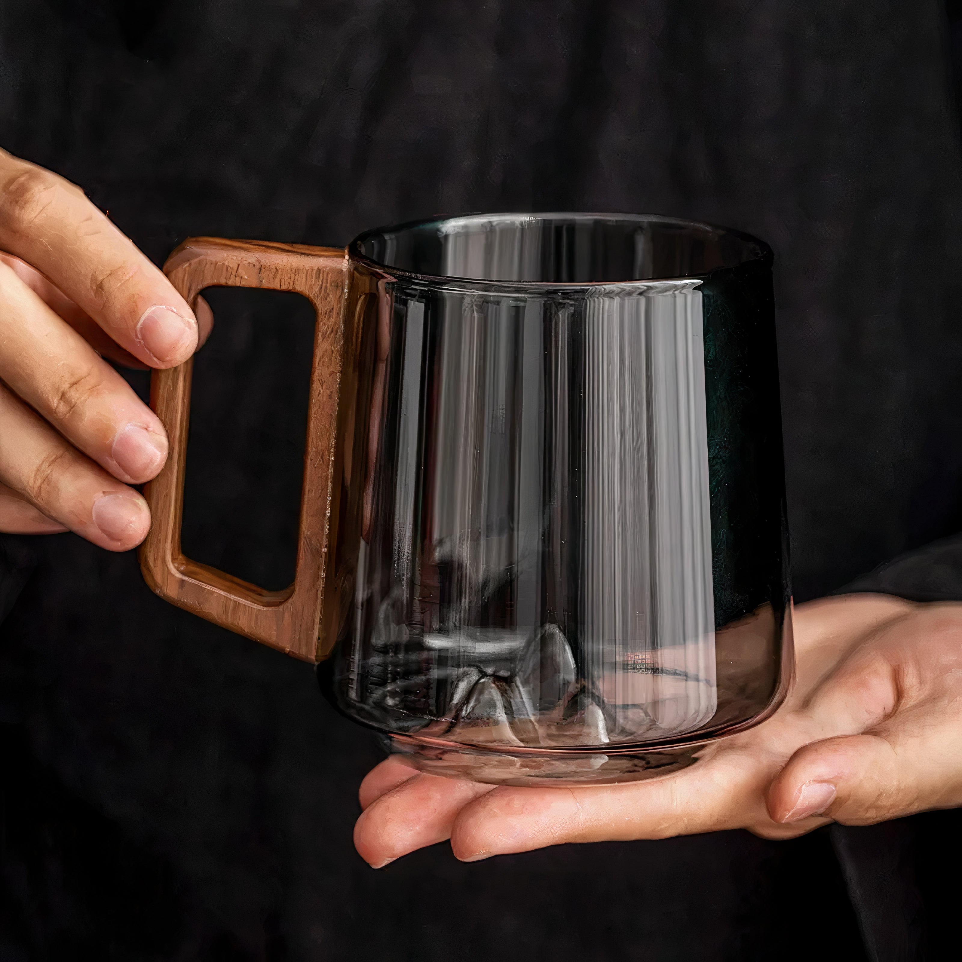 Smokey Grey Glass Slanted Coffee Cups with Wooden Handle – 450ml