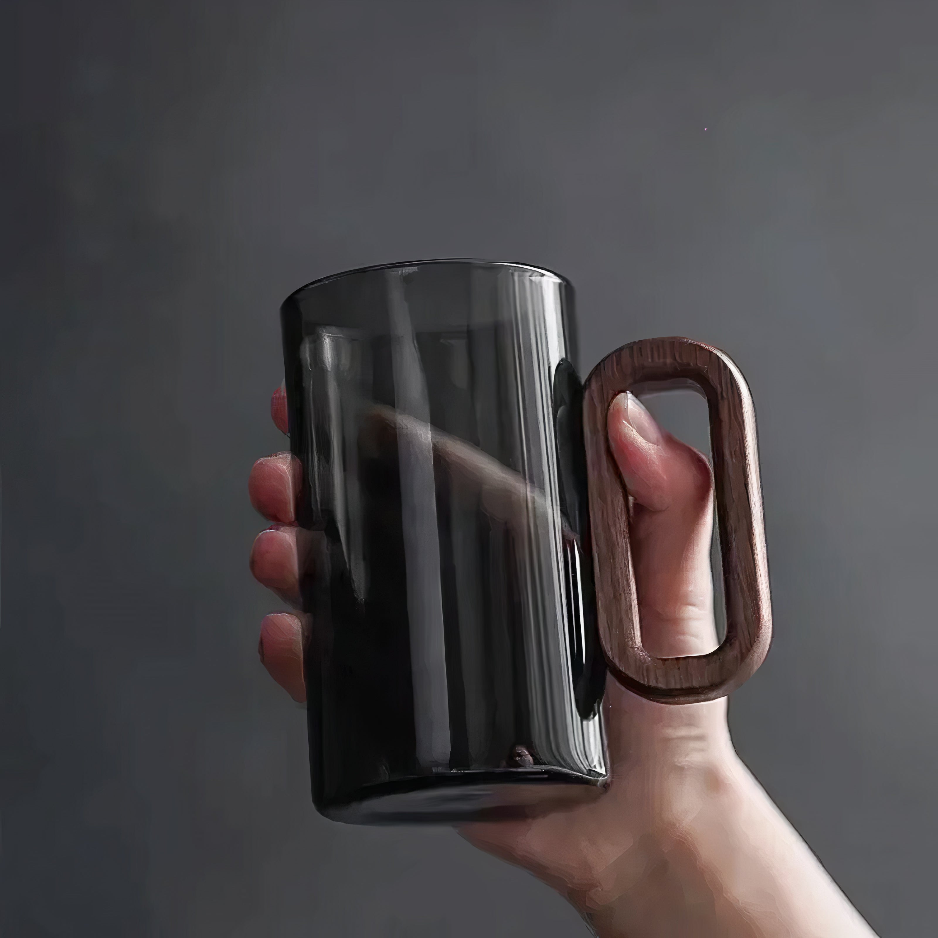 Smokey Grey Glass Slim Coffee Cups with Wooden Handle