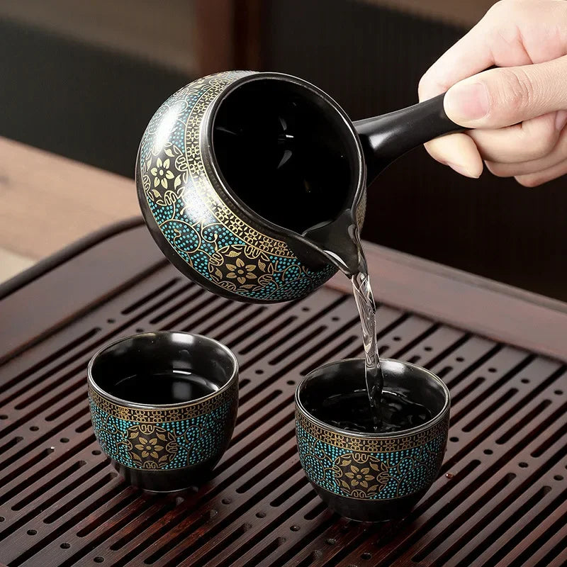Oriental Tea Set | 10 Piece Black Ceramic Teapot and Cup Set | Vintage Style with Storage Gift Box