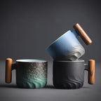Espresso Cups with Wooden Handle | Set of 3 Vintage Ceramic Espresso Cups | Black, Green and Blue Gift Set