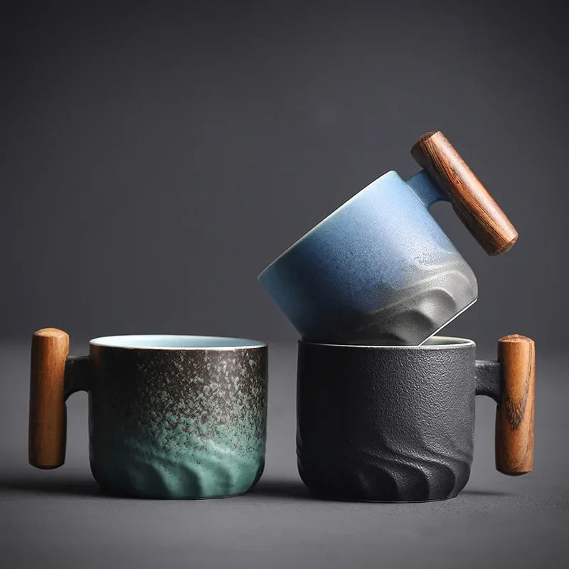 Espresso Cups with Wooden Handle | Set of 3 Vintage Ceramic Espresso Cups | Black, Green and Blue Gift Set