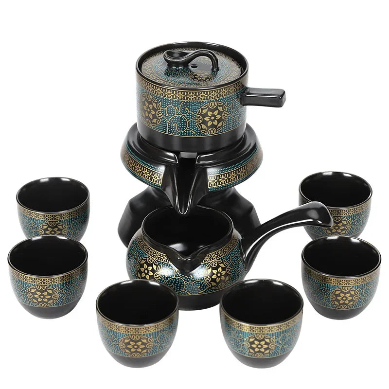 Oriental Tea Set | 10 Piece Black Ceramic Teapot and Cup Set | Vintage Style with Storage Gift Box