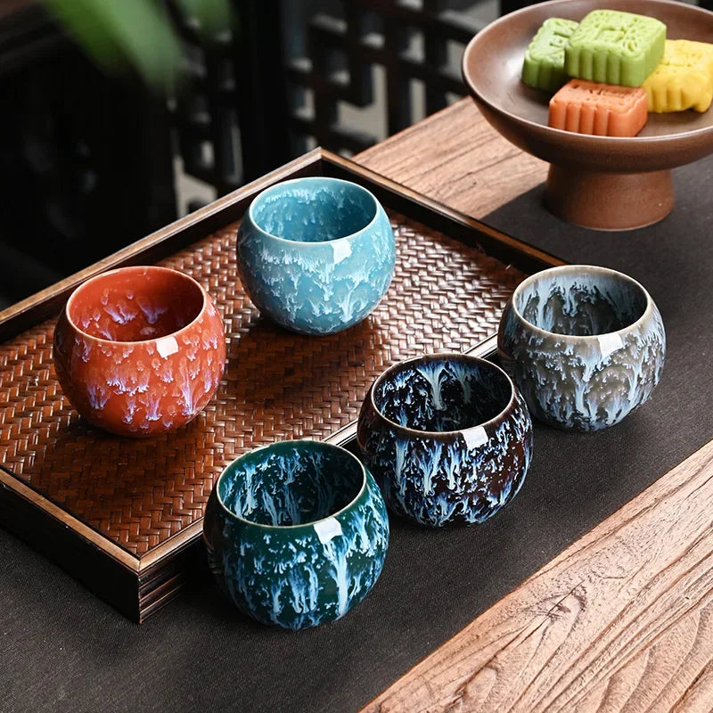 Ceramic Cup Gift Set | 5 Piece Reactive Glaze Espresso and Tea Cups | Premium Gift Box Included