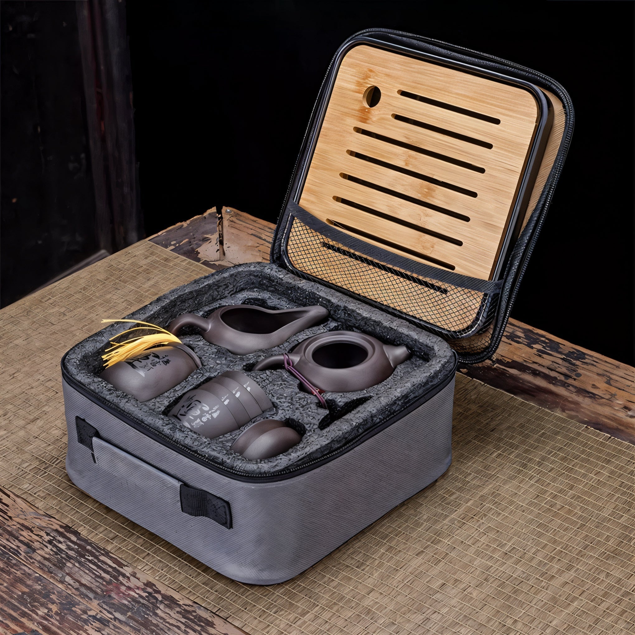 Japanese Tea Set | 10 Piece Black Ceramic Teapot and Cup Set | Bamboo Tray and Travel Bag Included