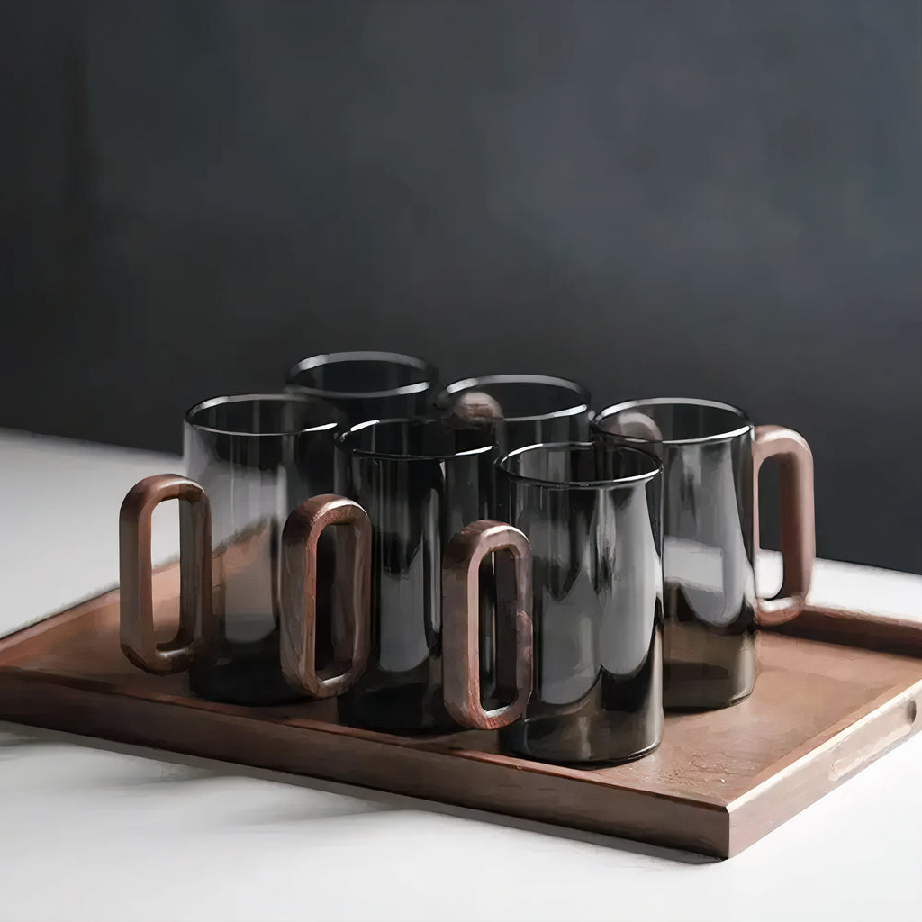 Smokey Grey Glass Slim Coffee Cups with Wooden Handle