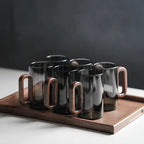 Smokey Grey Glass Slim Coffee Cups with Wooden Handle