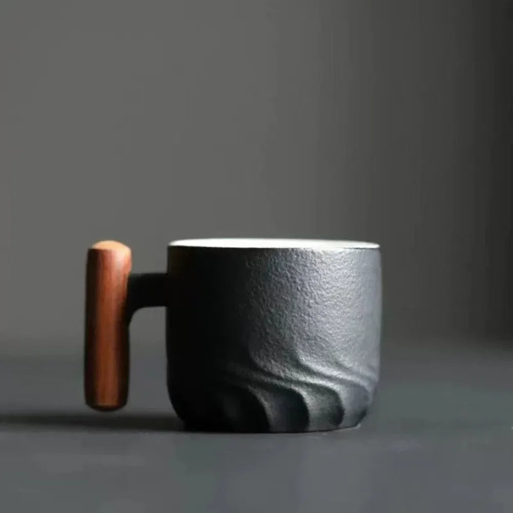Espresso Cups with Wooden Handle | Set of 3 Vintage Ceramic Espresso Cups | Black, Green and Blue Gift Set
