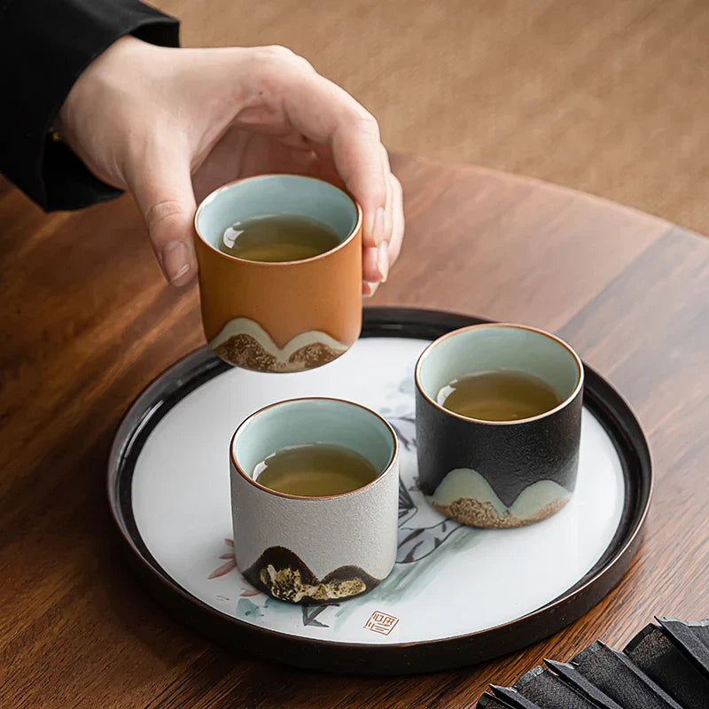 Rustic Espresso Cup Set | 6 Piece Earthy Tone Ceramic Espresso Cups | Gift Box with Leather Handle