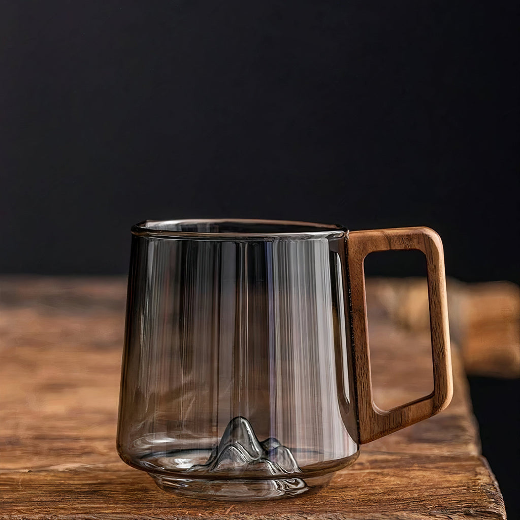 Smokey Grey Glass Slanted Coffee Cups with Wooden Handle – 450ml