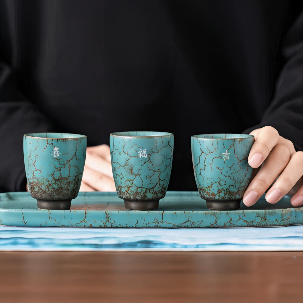 Blue Espresso Cup Set | 3 Piece Rustic Ceramic Cortado Cups | Gift Box and Gift Bag Included