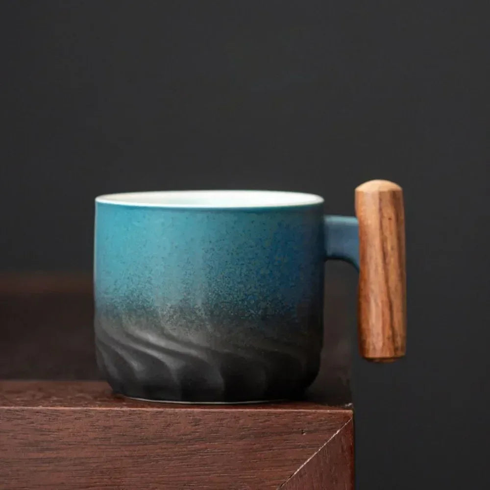 Espresso Cups with Wooden Handle | Set of 3 Vintage Ceramic Espresso Cups | Black, Green and Blue Gift Set