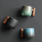 Espresso Cups with Wooden Handle | Set of 3 Vintage Ceramic Espresso Cups | Black, Green and Blue Gift Set