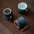 Espresso Cups with Wooden Handle | Set of 3 Vintage Ceramic Espresso Cups | Black, Green and Blue Gift Set