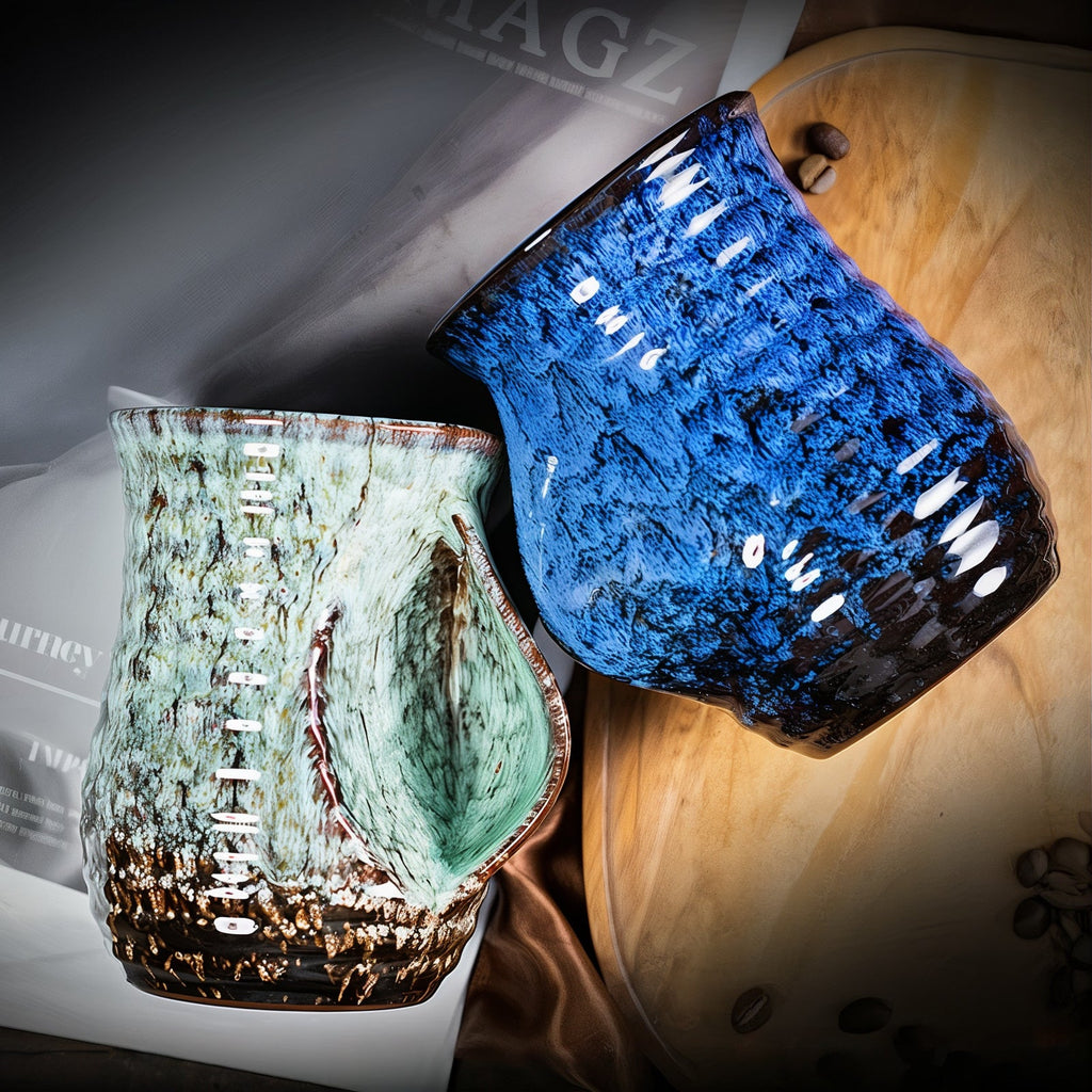 Abstract Ceramic Coffee Cups | Set of 4 Large 500ml Cups | Dark Blue, Light Blue, Turquoise and White