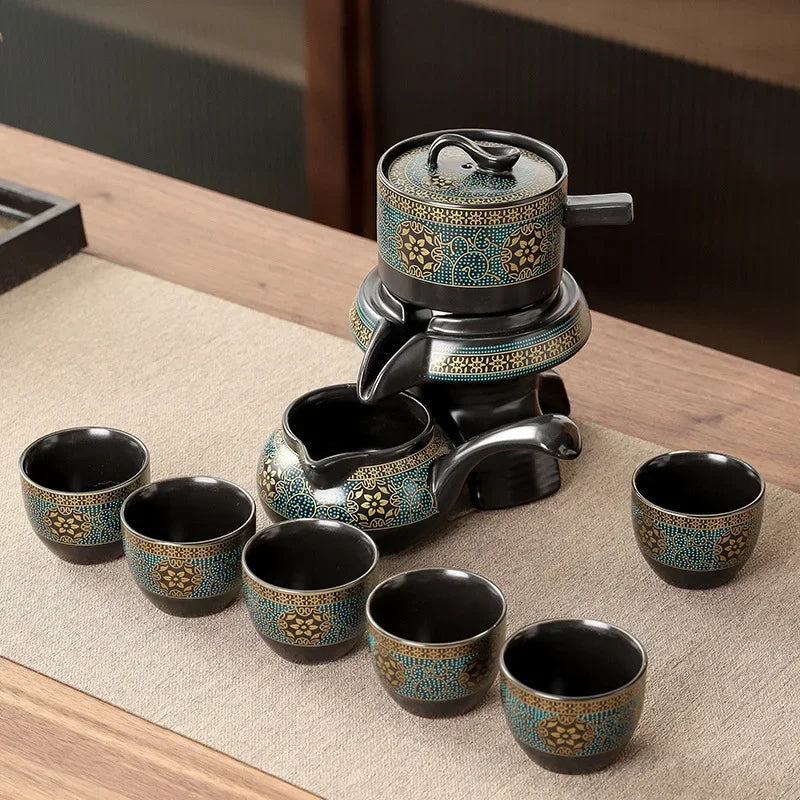 Oriental Tea Set | 10 Piece Black Ceramic Teapot and Cup Set | Vintage Style with Storage Gift Box