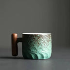 Espresso Cups with Wooden Handle | Set of 3 Vintage Ceramic Espresso Cups | Black, Green and Blue Gift Set