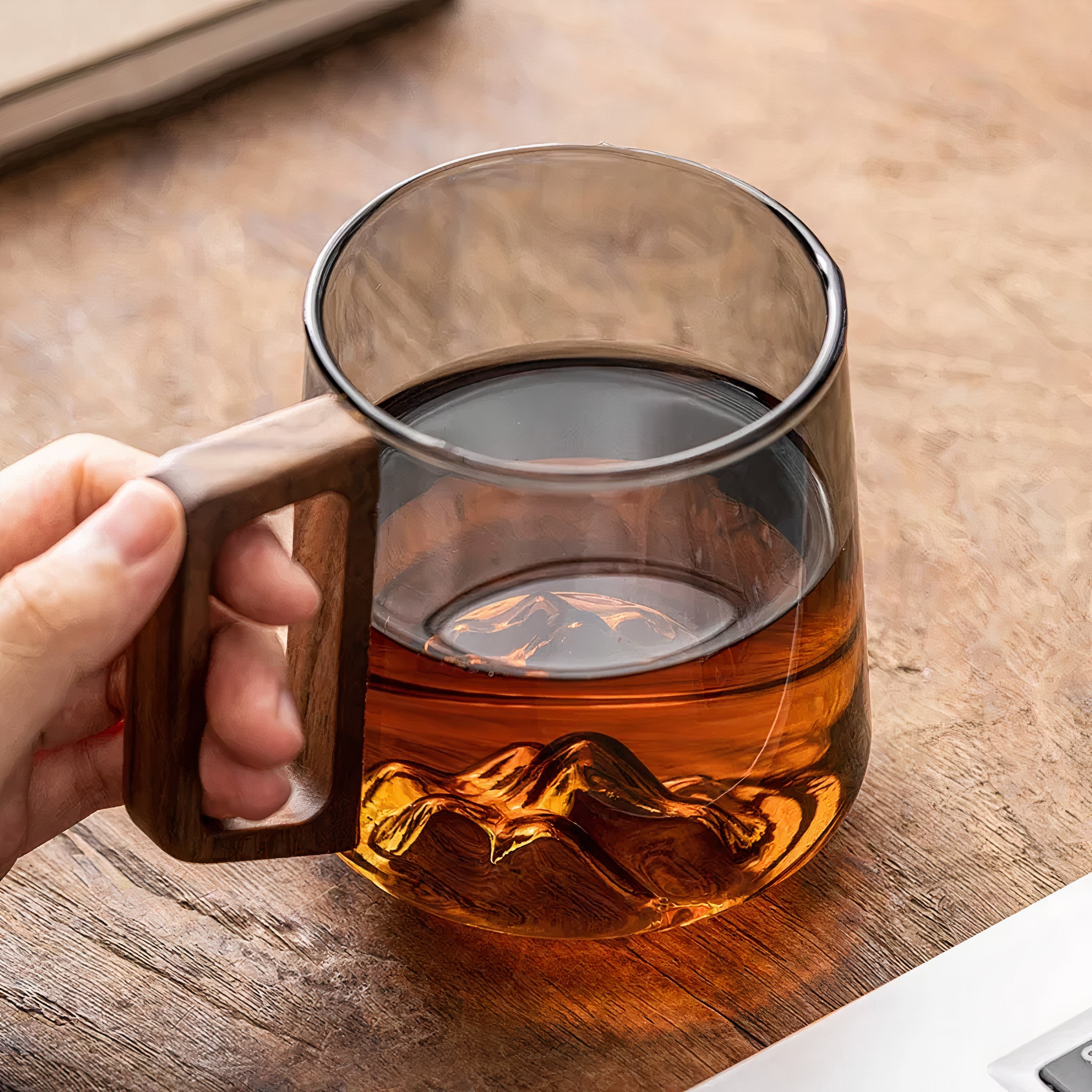 Smokey Grey Glass Slanted Coffee Cups with Wooden Handle – 450ml