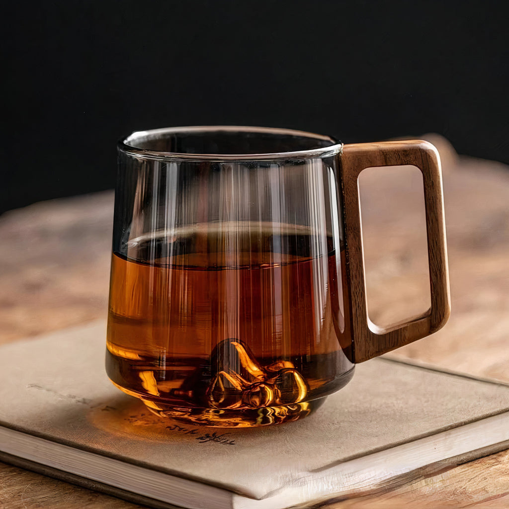 Smokey Grey Glass Slanted Coffee Cups with Wooden Handle – 450ml