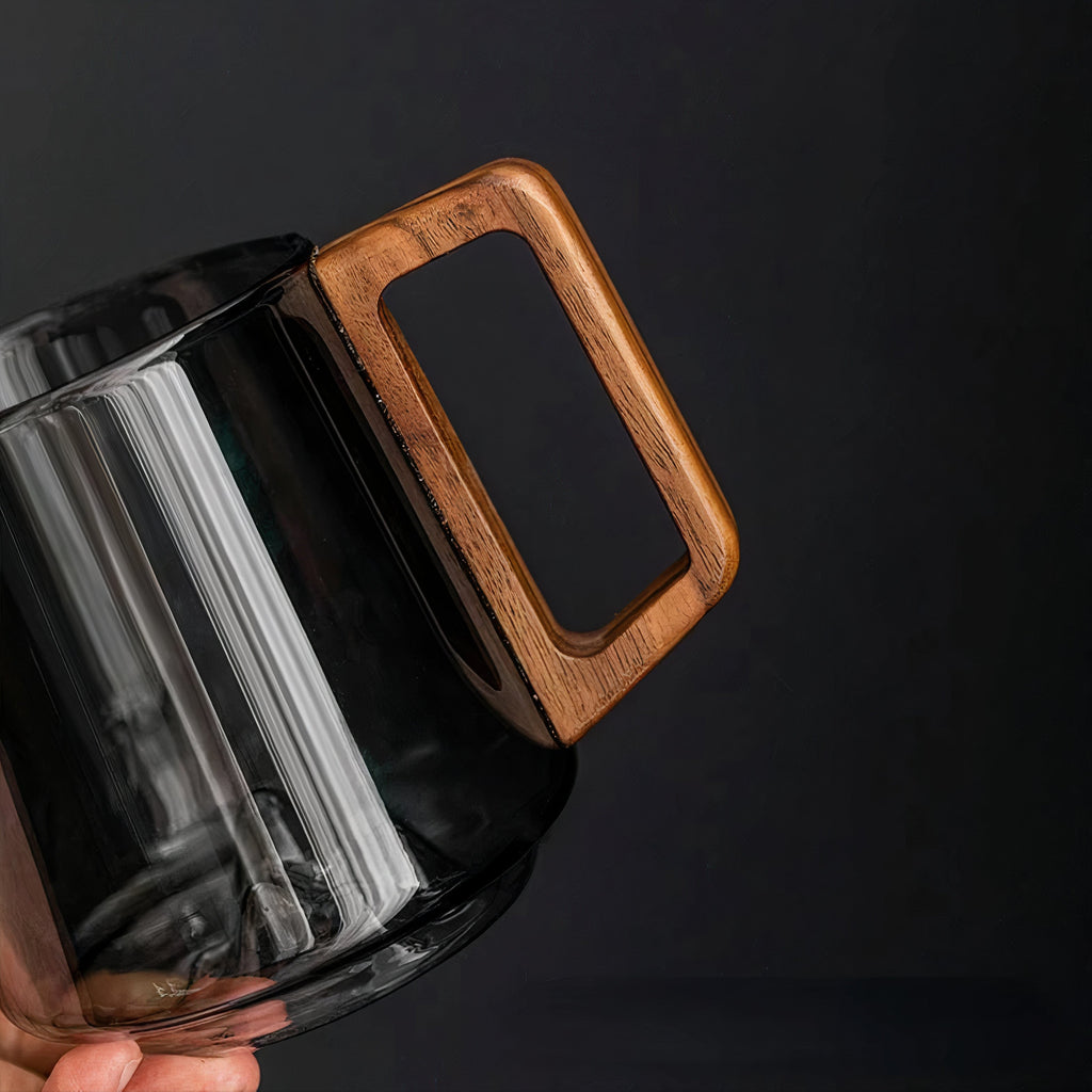 Smokey Grey Glass Slanted Coffee Cups with Wooden Handle – 450ml