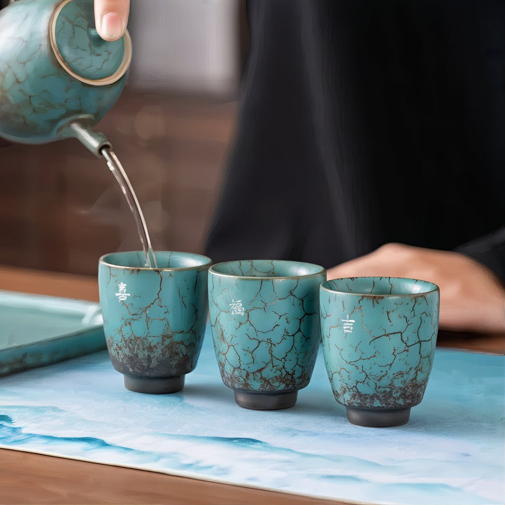 Blue Espresso Cup Set | 3 Piece Rustic Ceramic Cortado Cups | Gift Box and Gift Bag Included