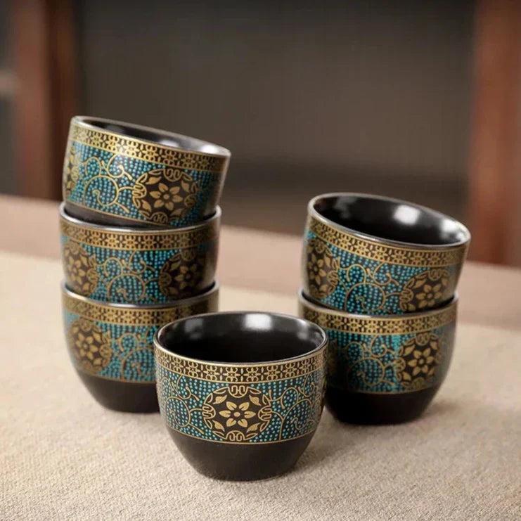 Oriental Tea Set | 10 Piece Black Ceramic Teapot and Cup Set | Vintage Style with Storage Gift Box