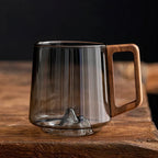 Smokey Grey Glass Slanted Coffee Cups with Wooden Handle – 450ml