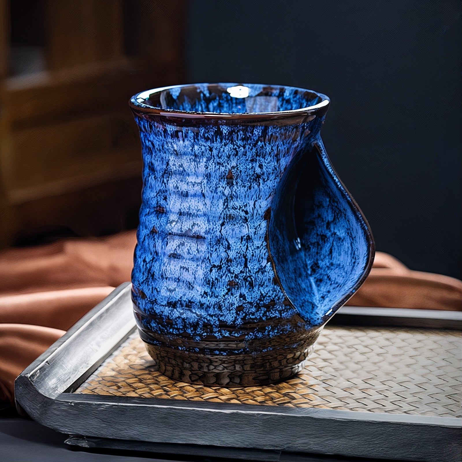 Abstract Ceramic Coffee Cups | Set of 4 Large 500ml Cups | Dark Blue, Light Blue, Turquoise and White
