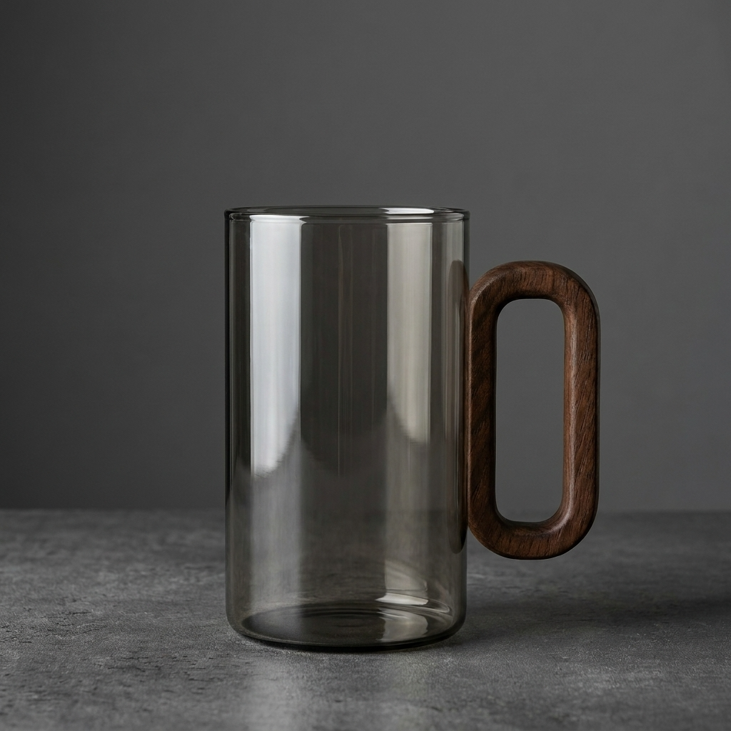 Smokey Grey Glass Slim Coffee Cups with Wooden Handle