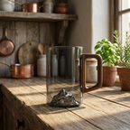 Smokey Gray Glass Coffee Cup with Wooden Handle | Set of 4 Tall Glass Cups | 350ml Mountain Style