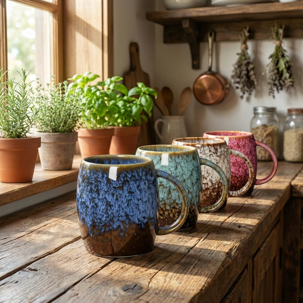 Marble Effect Coffee Cup Set | 4 Piece Colourful Ceramic Cups with Handle | Bold Retro Glaze Design | 400ml