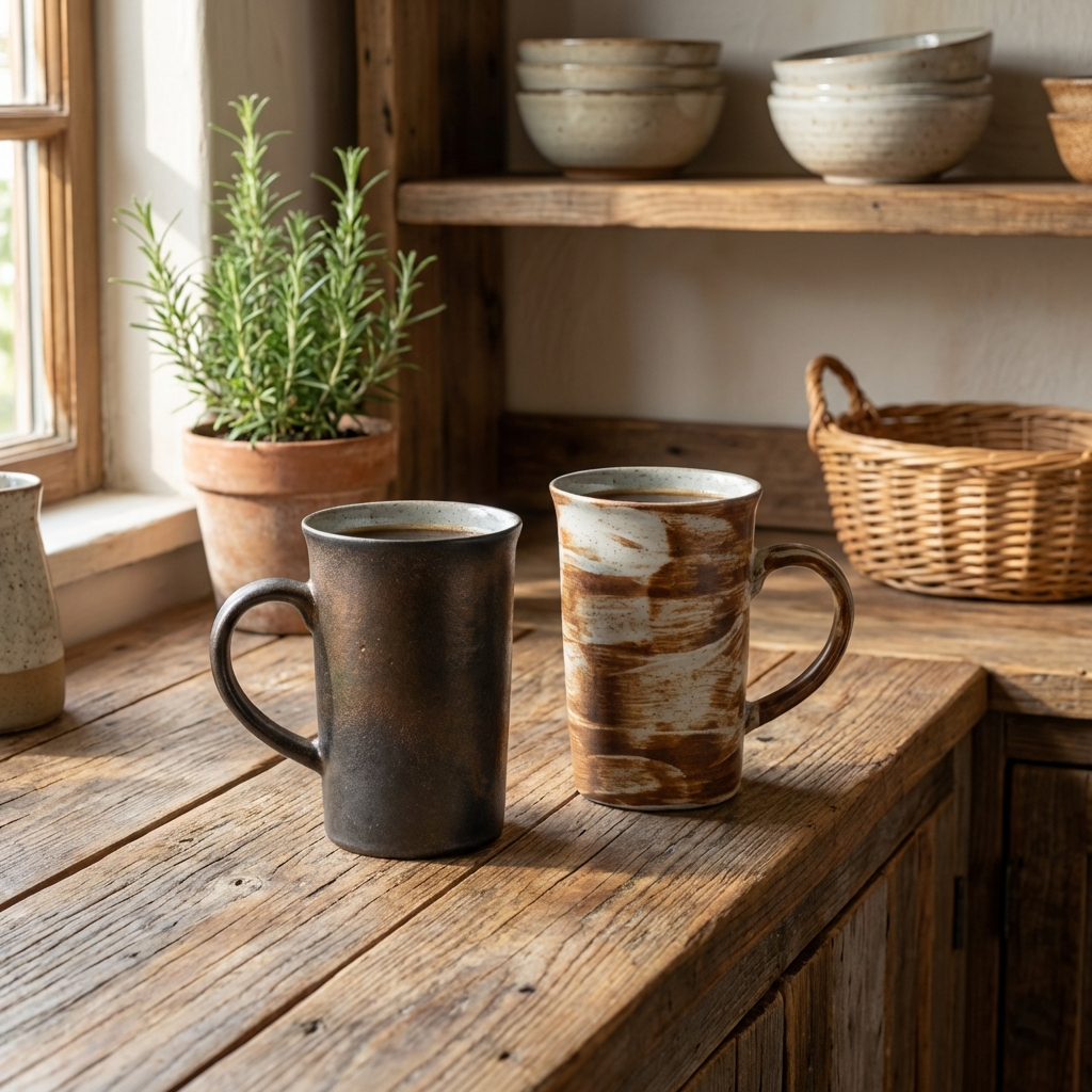 Earthy Ceramic Coffee Cup Set | 4 Piece Vintage Rustic Coffee Cups | 4 Earth-Inspired Designs | 350ml