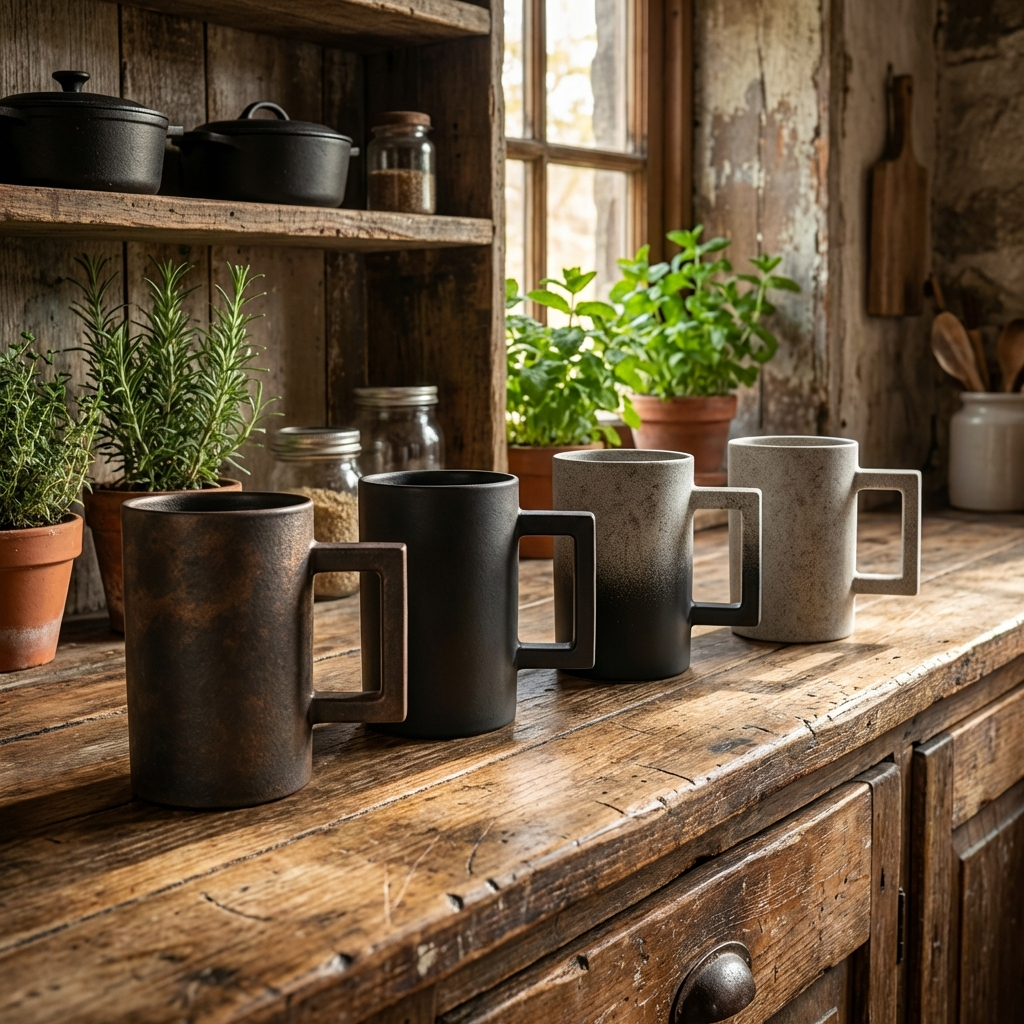 Vintage Industrial Coffee Cup Set | 4 Piece Ceramic Cups | 4 Distinct Designs | 380ml