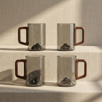 Smokey Gray Glass Coffee Cup with Wooden Handle | Set of 4 Tall Glass Cups | 350ml Mountain Style