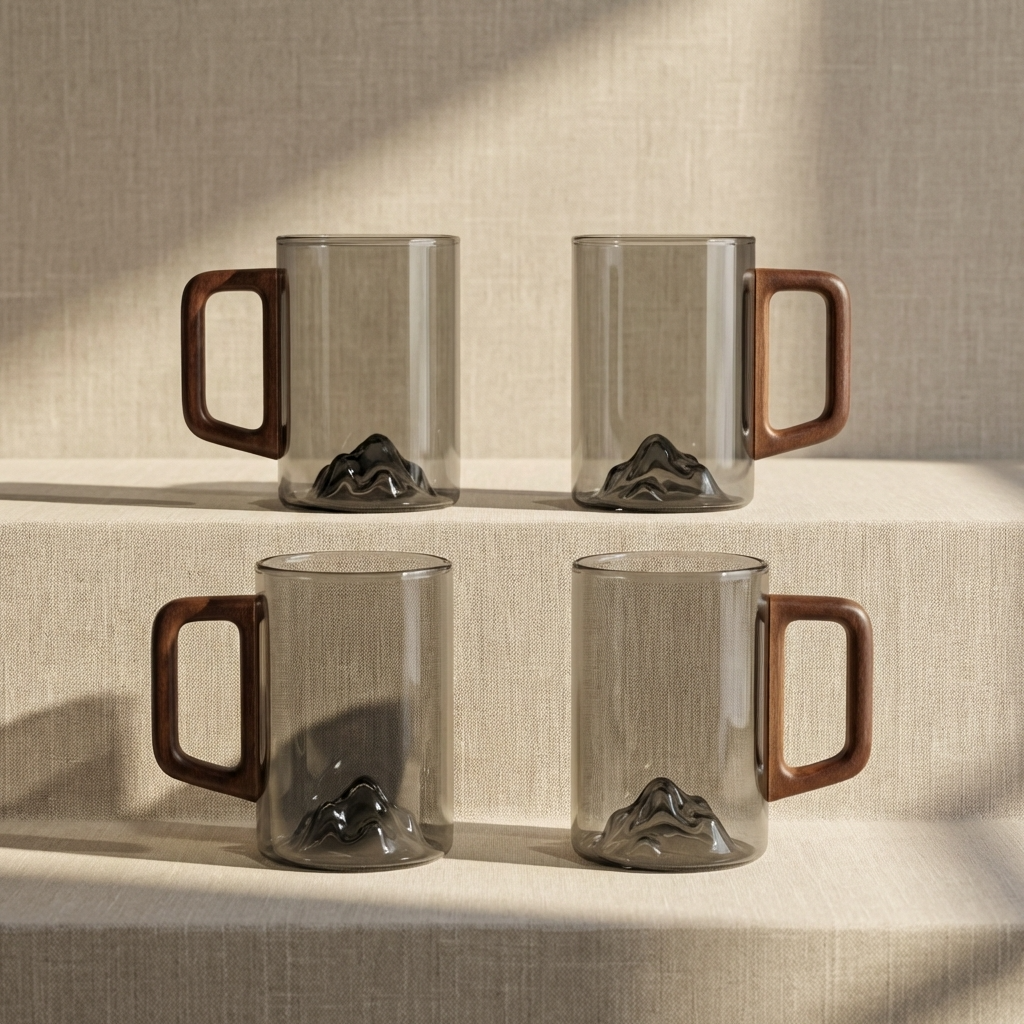 Smokey Gray Glass Coffee Cup with Wooden Handle | Set of 4 Tall Glass Cups | 350ml Mountain Style