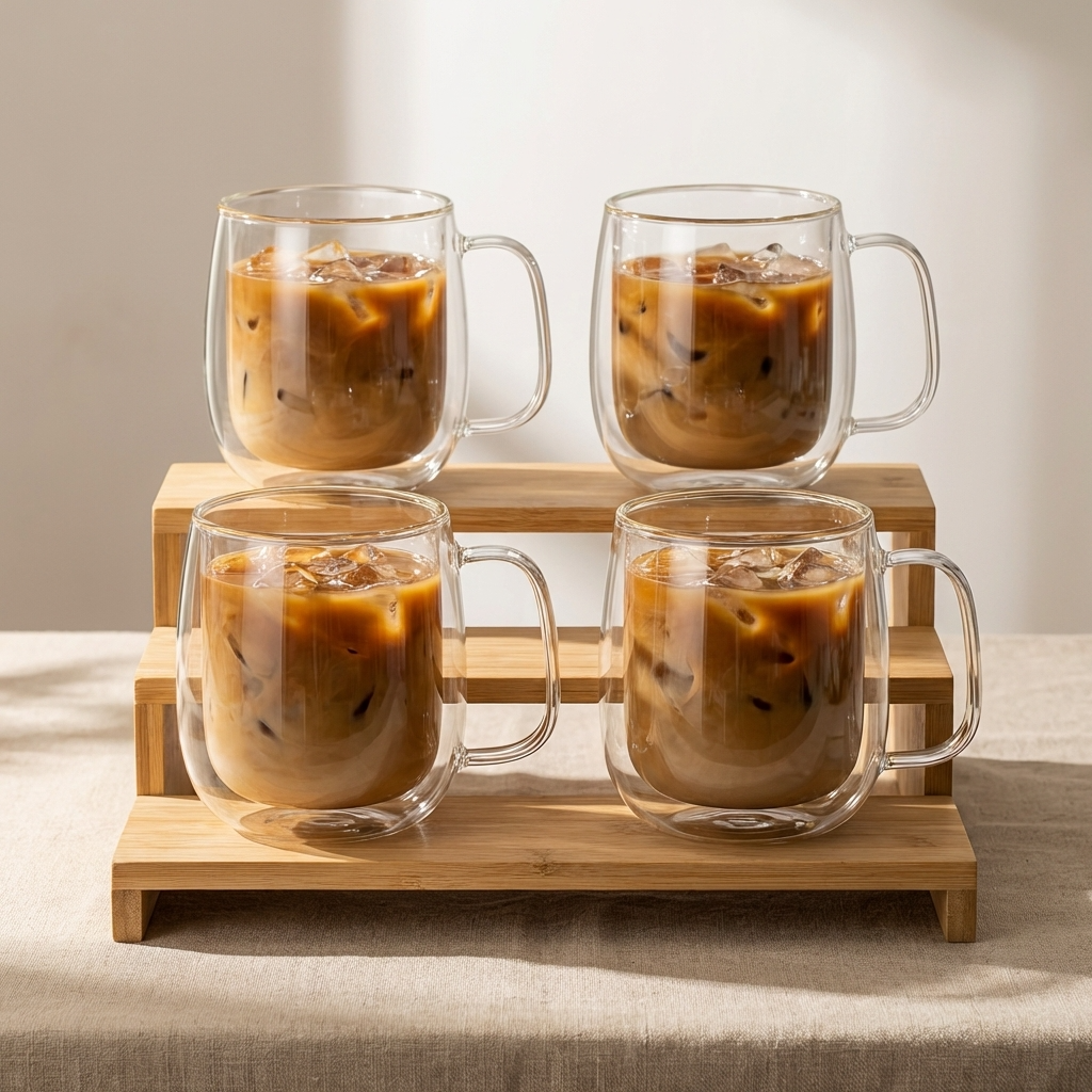 Double Walled Glass Coffee Cups | Set of 4 Insulated Glass Cups | 350ml Clear Coffee and Tea Glasses